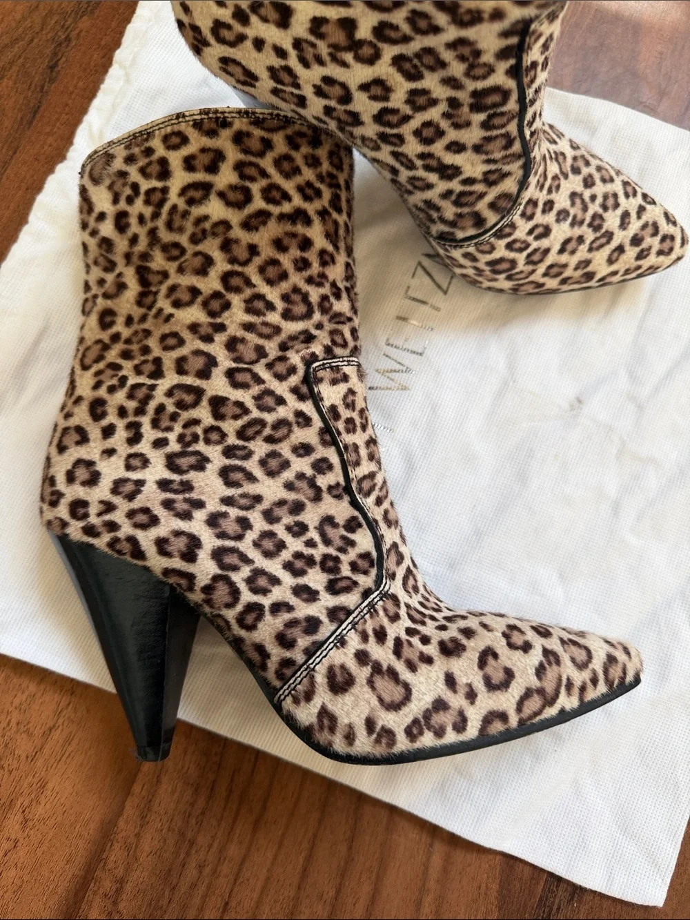 Stuart Weitzman Leopard Print Pointed-Toe Mid-Calf Boots - Brown/Tan size 6.5